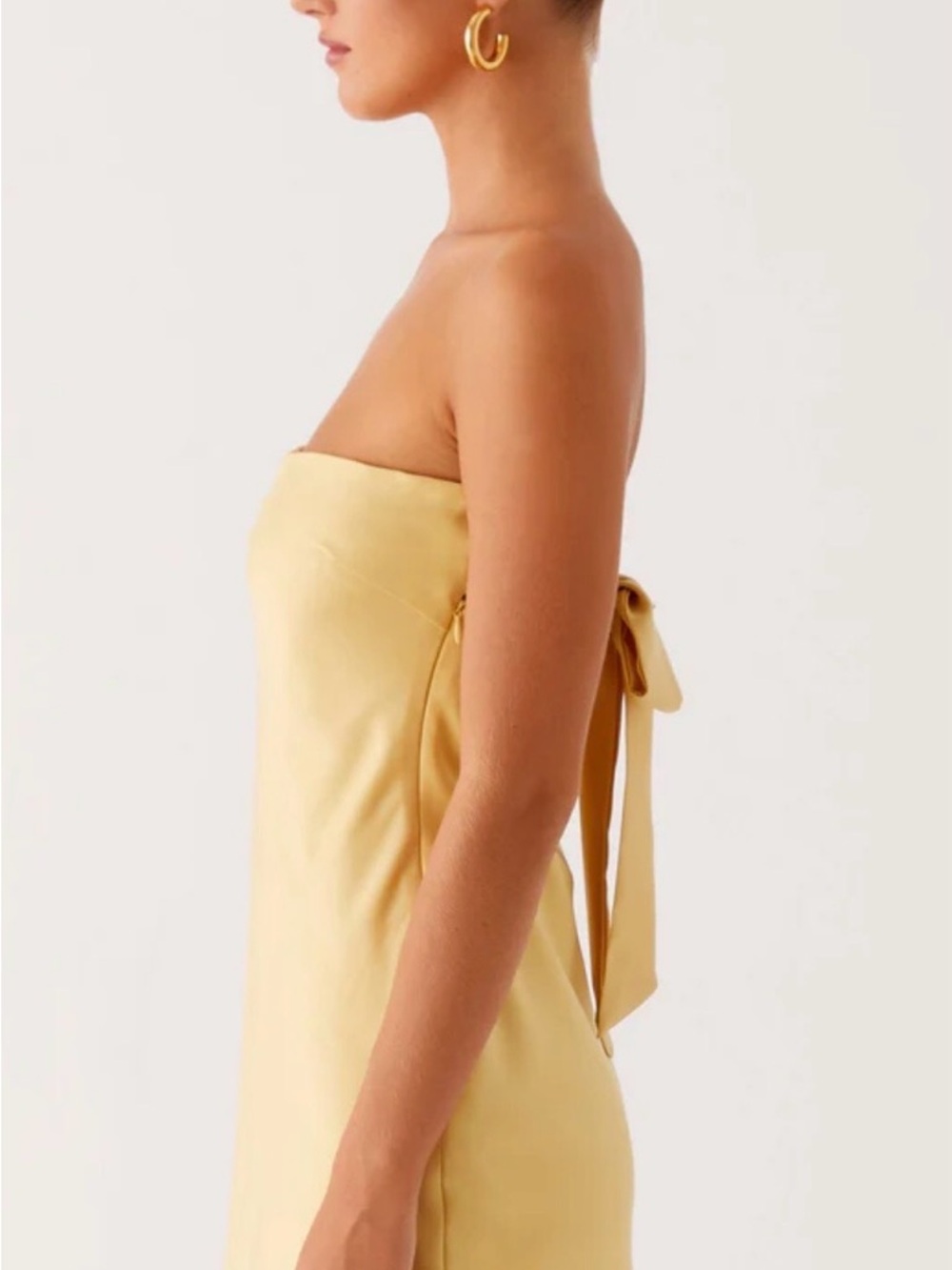 Peppermayo Strapless Satin Dress in Pale Yellow with Back Bow - Picture 3 of 4